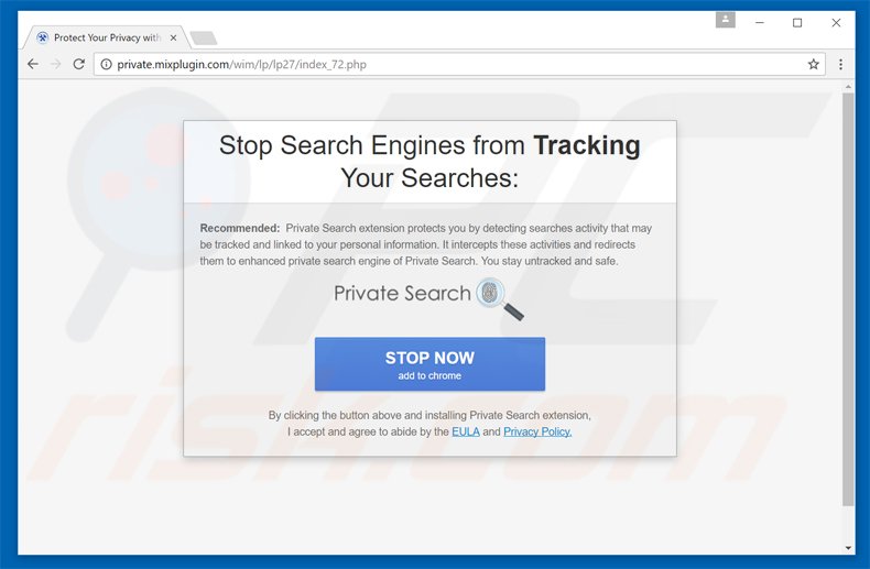 Anuncio emergente engañoso que promociona el secuestrador del navegador myprivatesearch