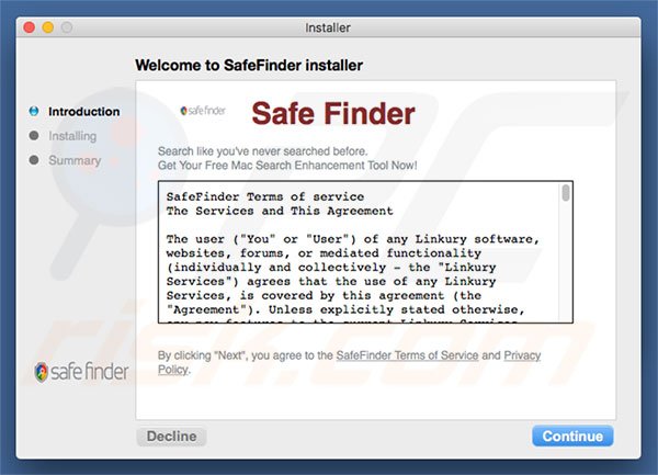 Instalador engañoso usado para promocionar search.safefinderformac.com