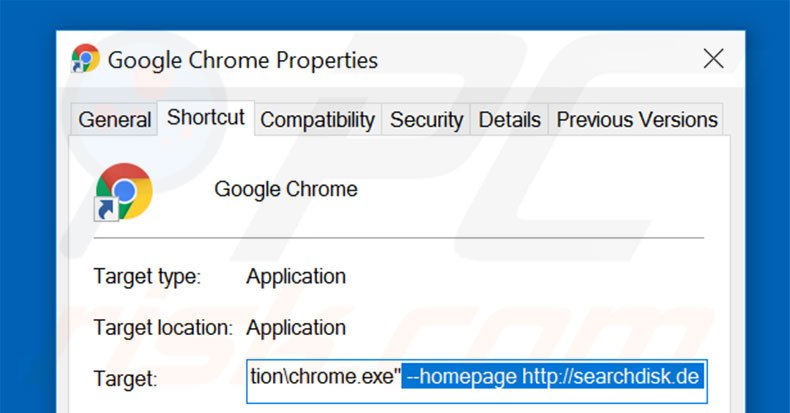 Eliminar searchdisk.de del destino del acceso directo de Google Chrome paso 2