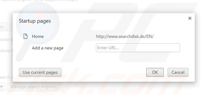 Eliminando searchdisk.de de la página de inicio de Google Chrome