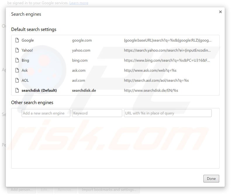 Eliminando searchdisk.de del motor de búsqueda por defecto de Google Chrome