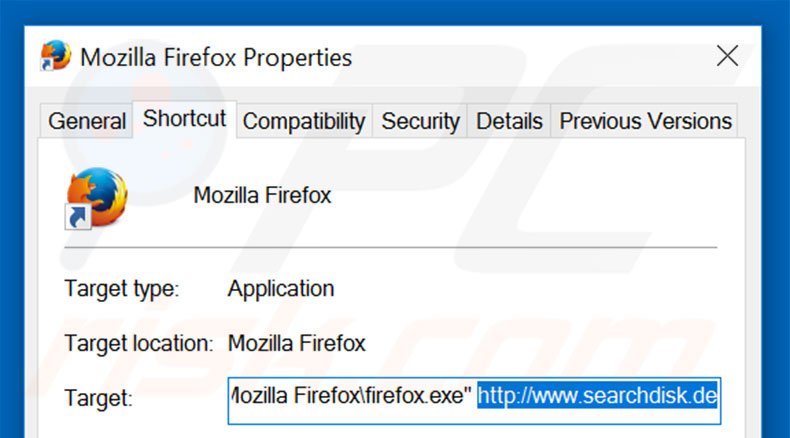 Eliminar searchdisk.de del destino del acceso directo de Mozilla Firefox paso 2