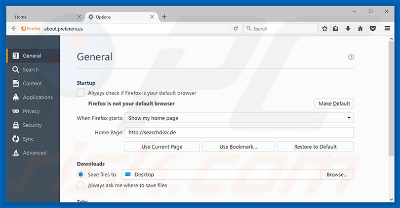 Eliminando searchdisk.de de la página de inicio de Mozilla Firefox