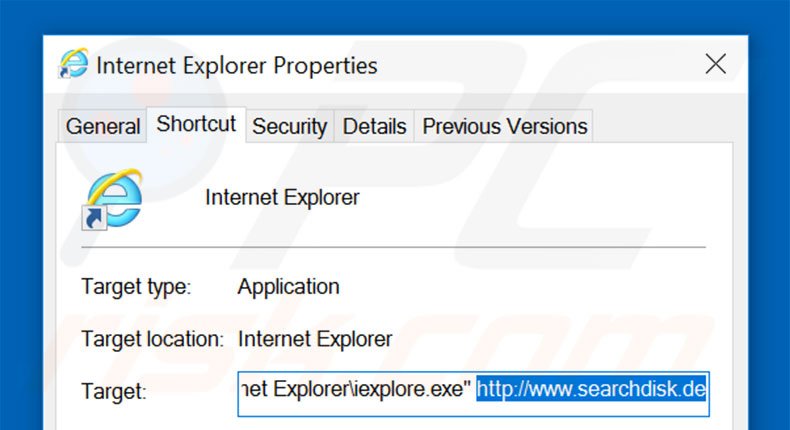 Eliminar searchdisk.de del destino del acceso directo de Internet Explorer paso 2