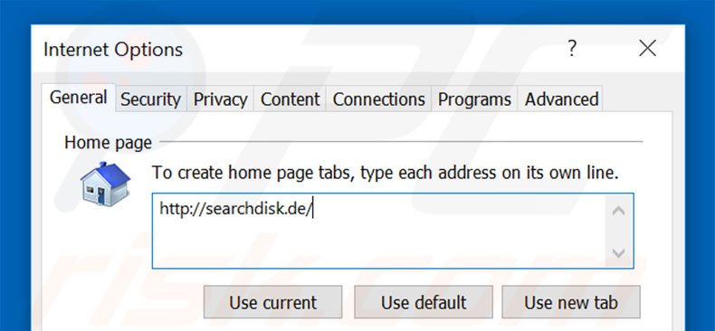 Eliminando searchdisk.de de la página de inicio de Internet Explorer