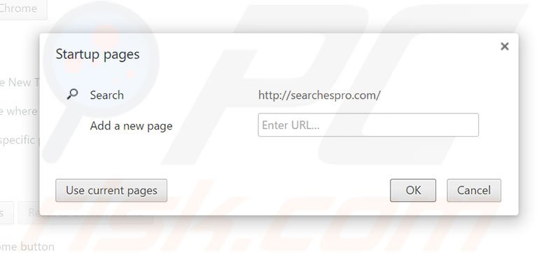 Eliminando searchespro.com de la página de inicio de Google Chrome