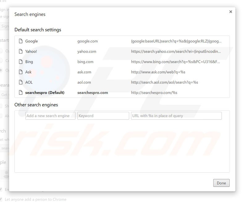 Eliminando searchespro.com del motor de búsqueda por defecto de Google Chrome