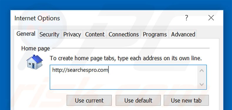 Eliminando searchespro.com de la página de inicio de Internet Explorer