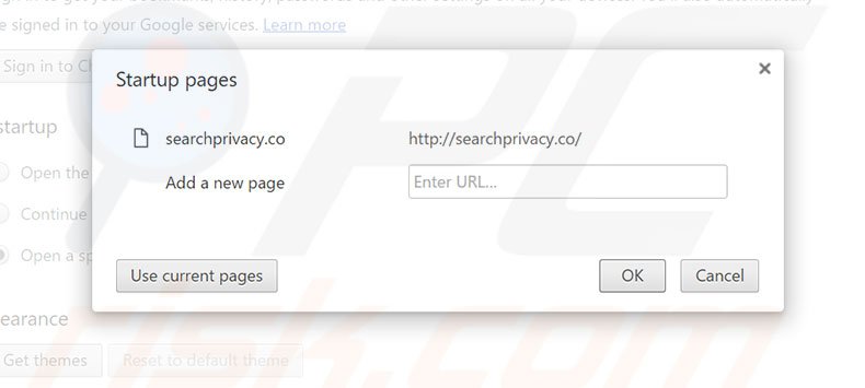 Eliminando searchprivacy.co de la página de inicio de Google Chrome