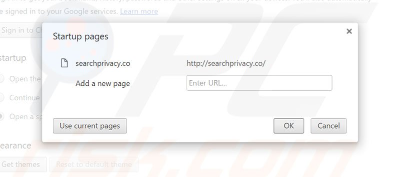 Eliminando searchprivacy.co de la página de inicio de Google Chrome