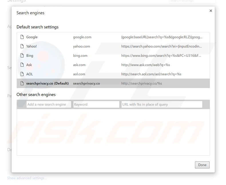 Eliminando searchprivacy.co del motor de búsqueda por defecto de Google Chrome