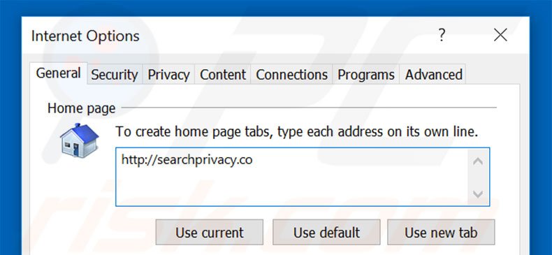 Eliminando searchprivacy.co de la página de inicio de Internet Explorer