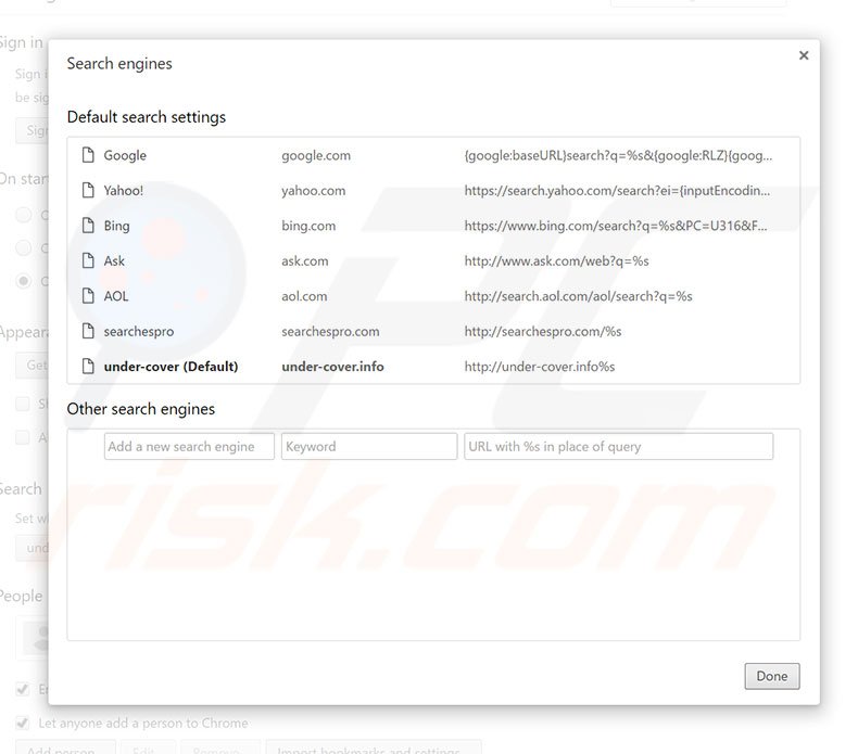 Eliminando under-cover.info del motor de búsqueda por defecto de Google Chrome