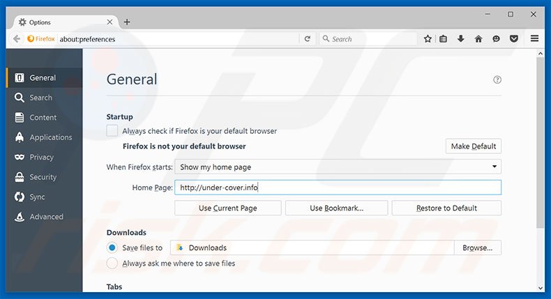 Eliminando under-cover.info de la página de inicio de Mozilla Firefox