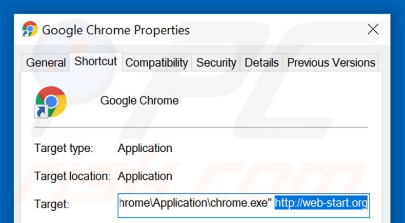Eliminar web-start.org del destino del acceso directo de Google Chrome paso 2