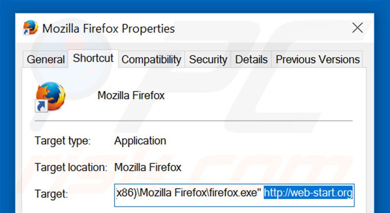 Eliminar web-start.org del destino del acceso directo de Mozilla Firefox paso 2