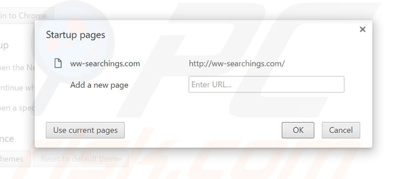 Eliminando ww-searchings.com de la página de inicio de Google Chrome