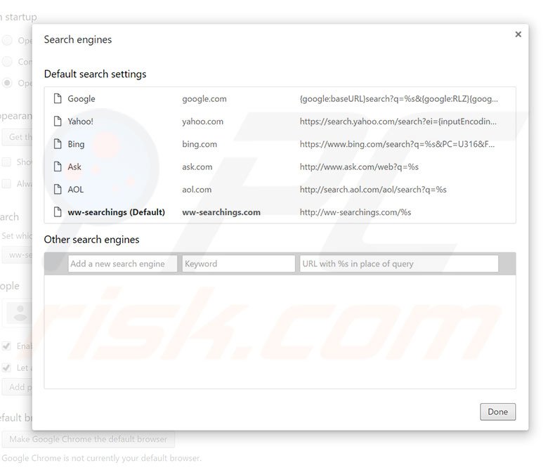 Eliminando ww-searchings.com del motor de búsqueda por defecto de Google Chrome