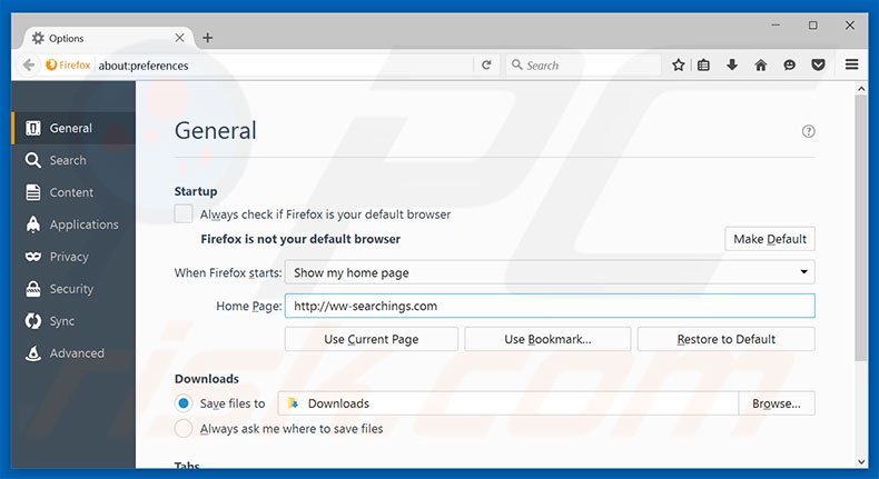 Eliminando ww-searchings.com de la página de inicio de Mozilla Firefox