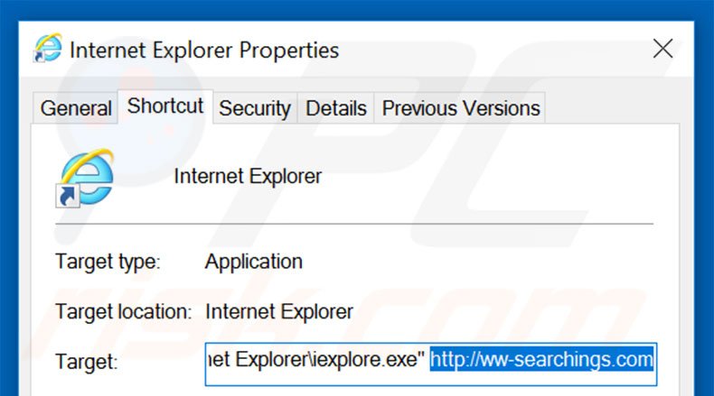 Eliminar ww-searchings.com del destino del acceso directo de Internet Explorer paso 2