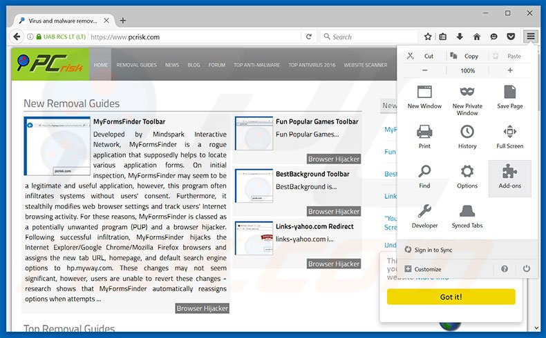 Eliminando los anuncios de Internet Security Damaged de Mozilla Firefox paso 1