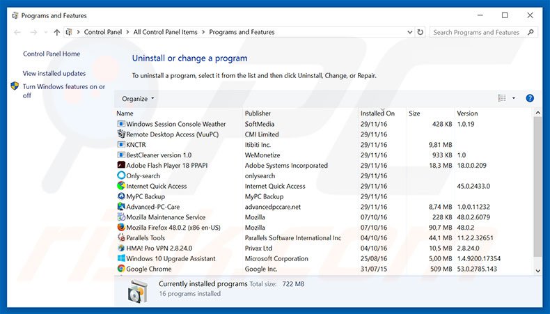 desinstalar el software publicitario You Are Today's Lucky Visitor desde el Panel de Control