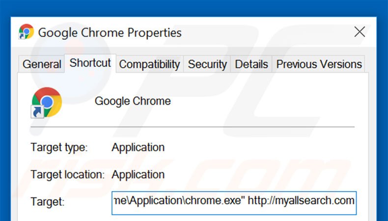 Eliminar myallsearch.com del destino del acceso directo de Google Chrome paso 2