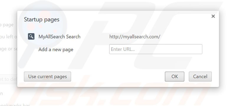 Eliminando myallsearch.com de la página de inicio de Google Chrome