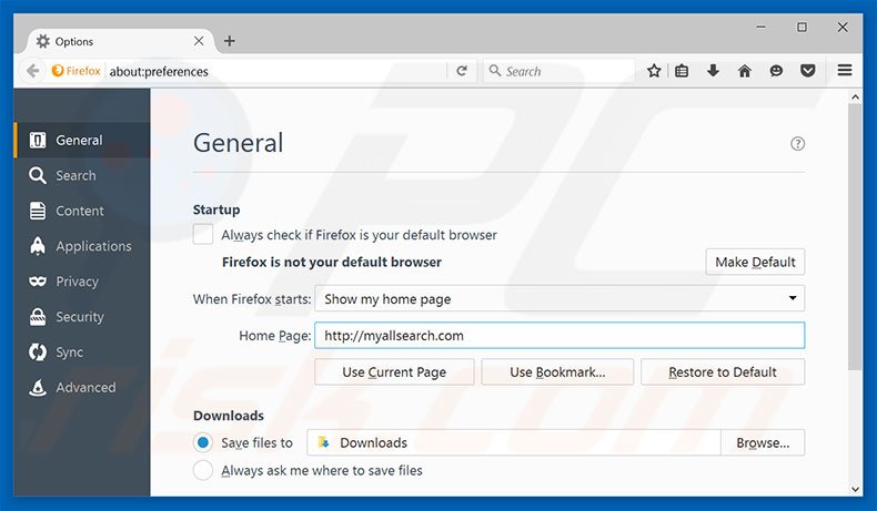 Eliminando myallsearch.com de la página de inicio de Mozilla Firefox