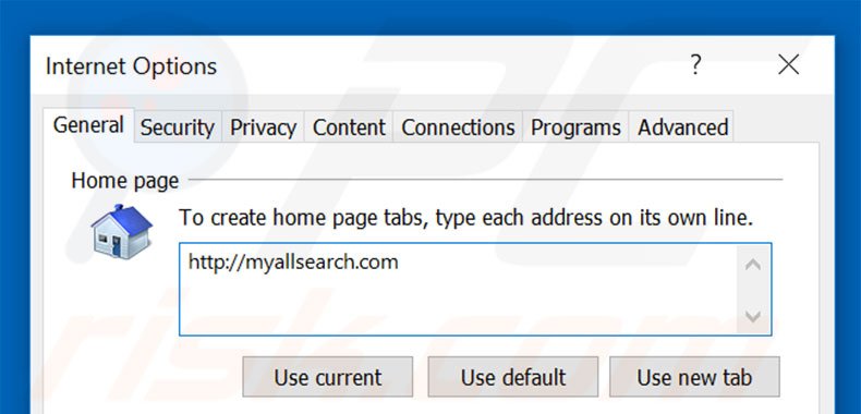 Eliminando myallsearch.com de la página de inicio de Internet Explorer