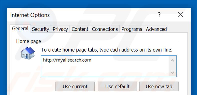 Eliminando myallsearch.com de la página de inicio de Internet Explorer