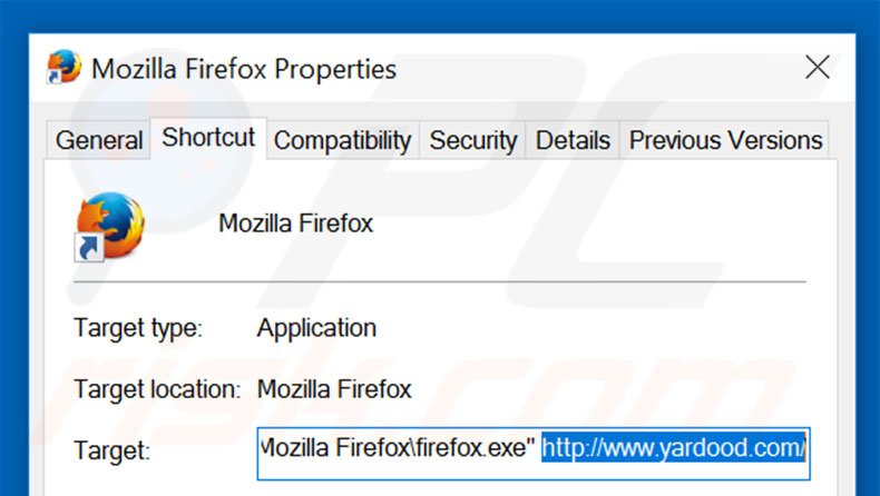 Eliminar yardood.com del destino del acceso directo de Mozilla Firefox paso 2