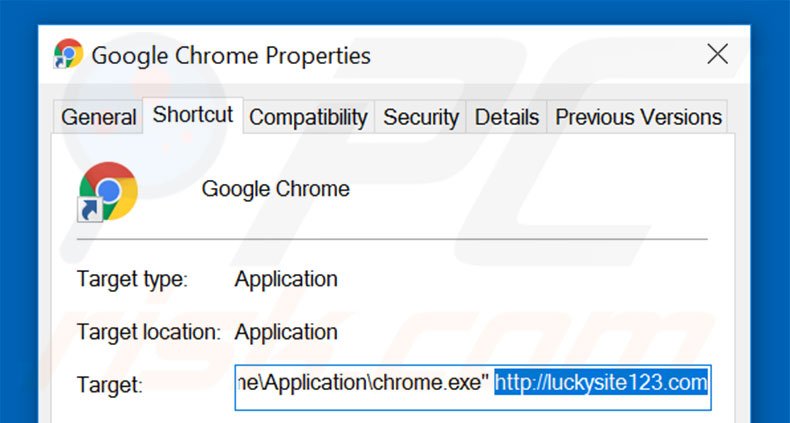Eliminar luckysite123.com del destino del acceso directo de Google Chrome paso 2