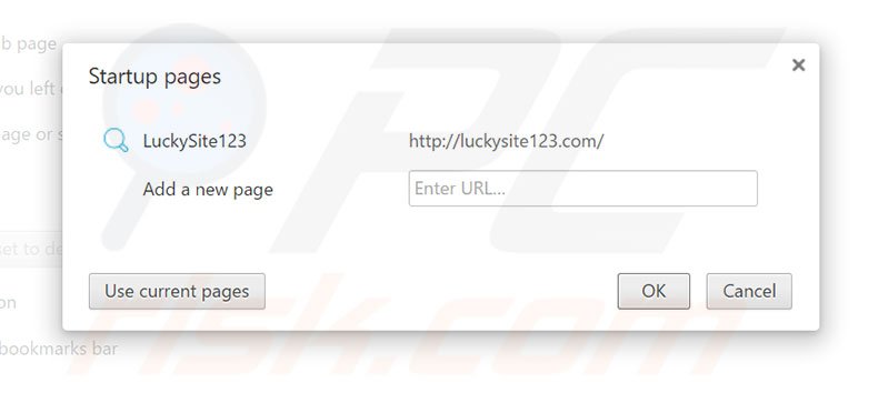 Eliminando luckysite123.com de la página de inicio de Google Chrome