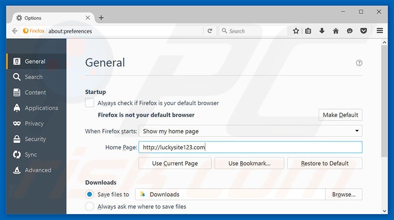 Eliminando luckysite123.com de la página de inicio de Mozilla Firefox