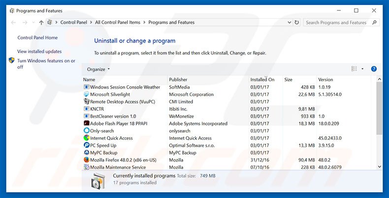 desinstalar el secuestrador de navegadores luckysite123.com con el Panel de control