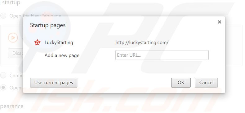Eliminando luckystarting.com de la página de inicio de Google Chrome