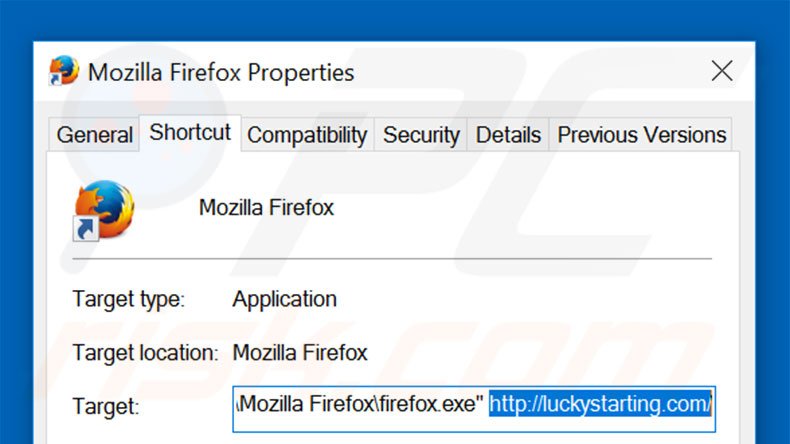 Eliminar luckystarting.com del destino del acceso directo de Mozilla Firefox paso 2