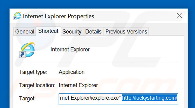 Eliminar luckystarting.com del destino del acceso directo de Internet Explorer paso 2