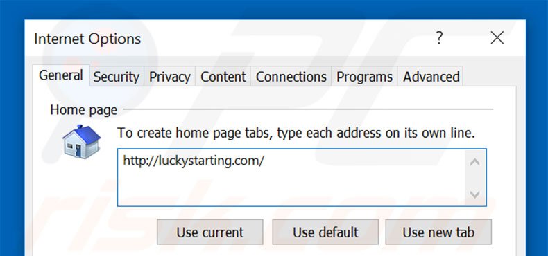 Eliminando luckystarting.com de la página de inicio de Internet Explorer