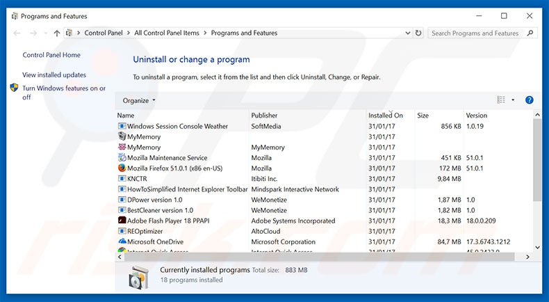 desinstalar el adware Microsoft Alert del Panel de control