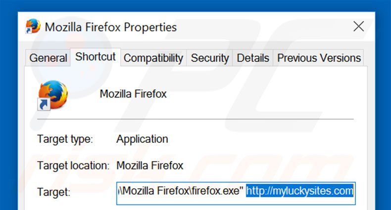 Eliminar myluckysites.com del destino del acceso directo de Mozilla Firefox paso 2