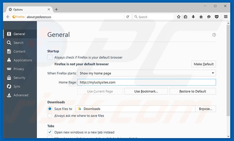 Eliminando myluckysites.com de la página de inicio de Mozilla Firefox