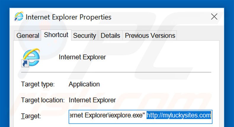 Eliminar myluckysites.com del destino del acceso directo de Internet Explorer paso 2