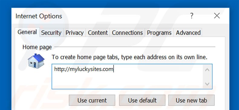 Eliminando myluckysites.com de la página de inicio de Internet Explorer