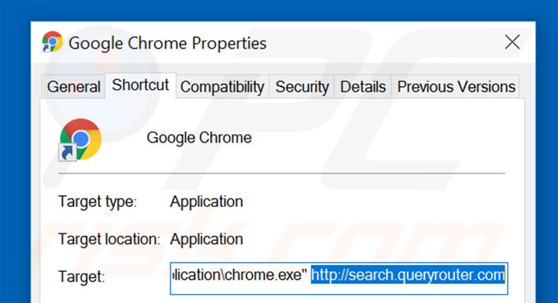Eliminar search.queryrouter.com del destino del acceso directo de Google Chrome paso 2