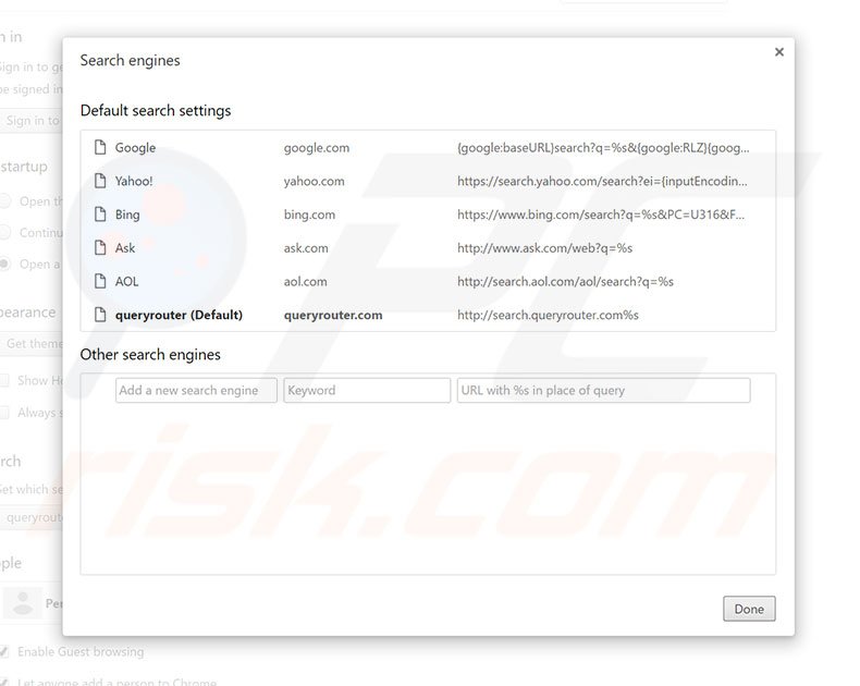 Eliminando search.queryrouter.com del motor de búsqueda por defecto de Google Chrome