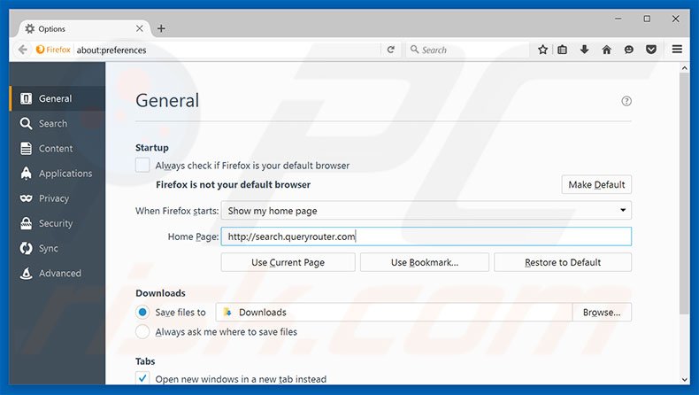 Eliminando search.queryrouter.com de la página de inicio de Mozilla Firefox