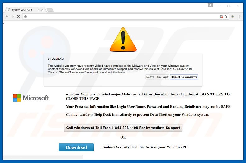 sitio web de la estafa Windows Security Alert