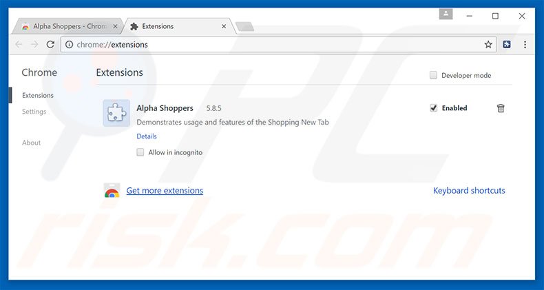 Eliminando los anuncios de Alpha Shoppers de Google Chrome paso 2